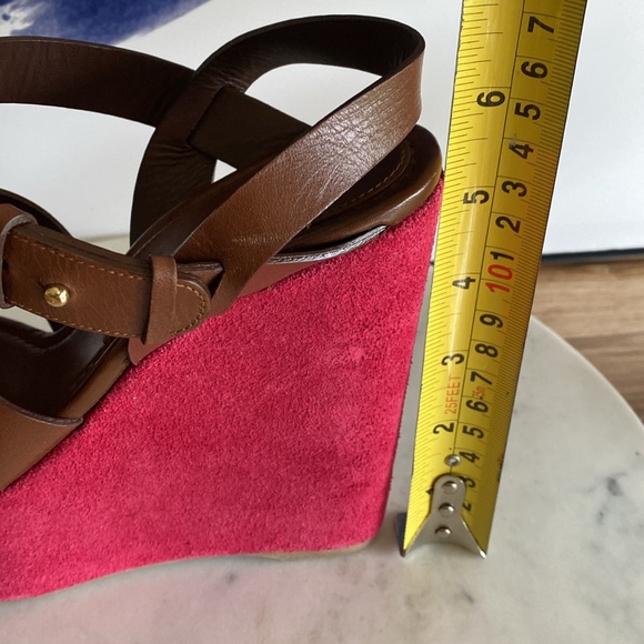 NEW SERGIO ROSSI Brown Leather & Berry Suede Platform Wedge Sandals Size 38 1/2 - Picture 10 of 17